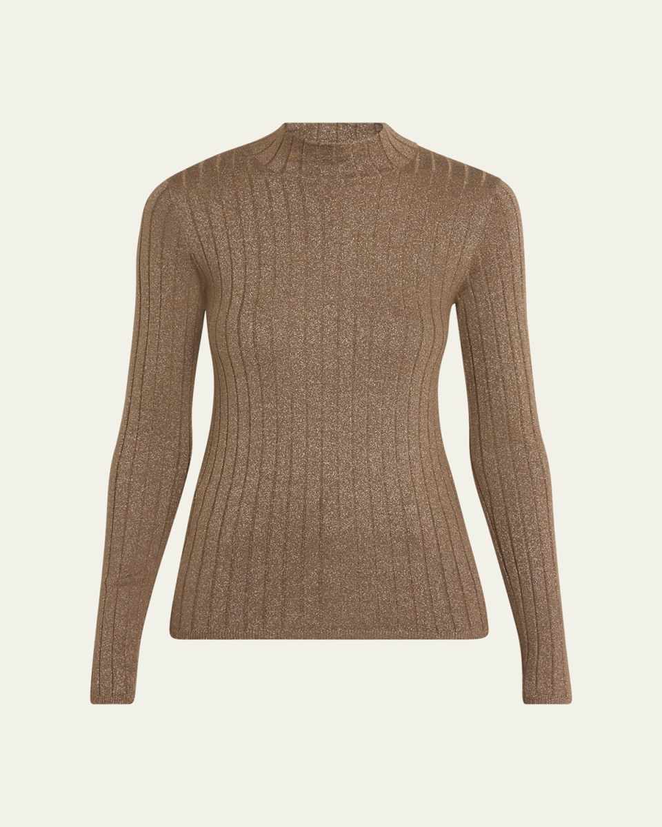 Mock-Neck Metallic Cashmere Rib Sweater
